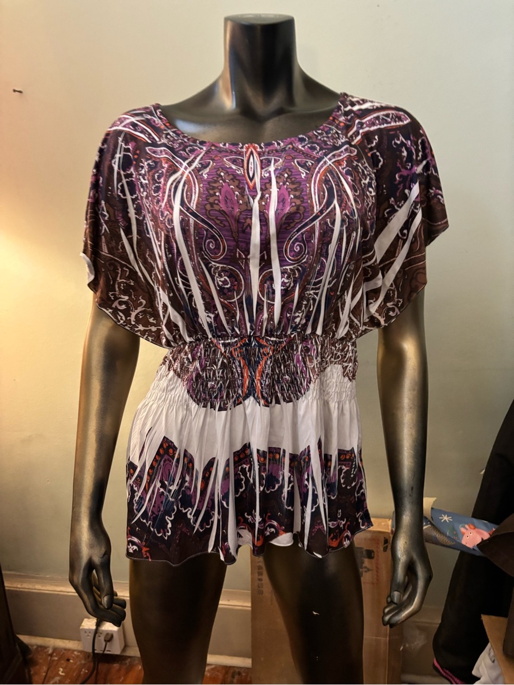 Smocked Waist Purple Paisley Flutter-Sleeve Tunic